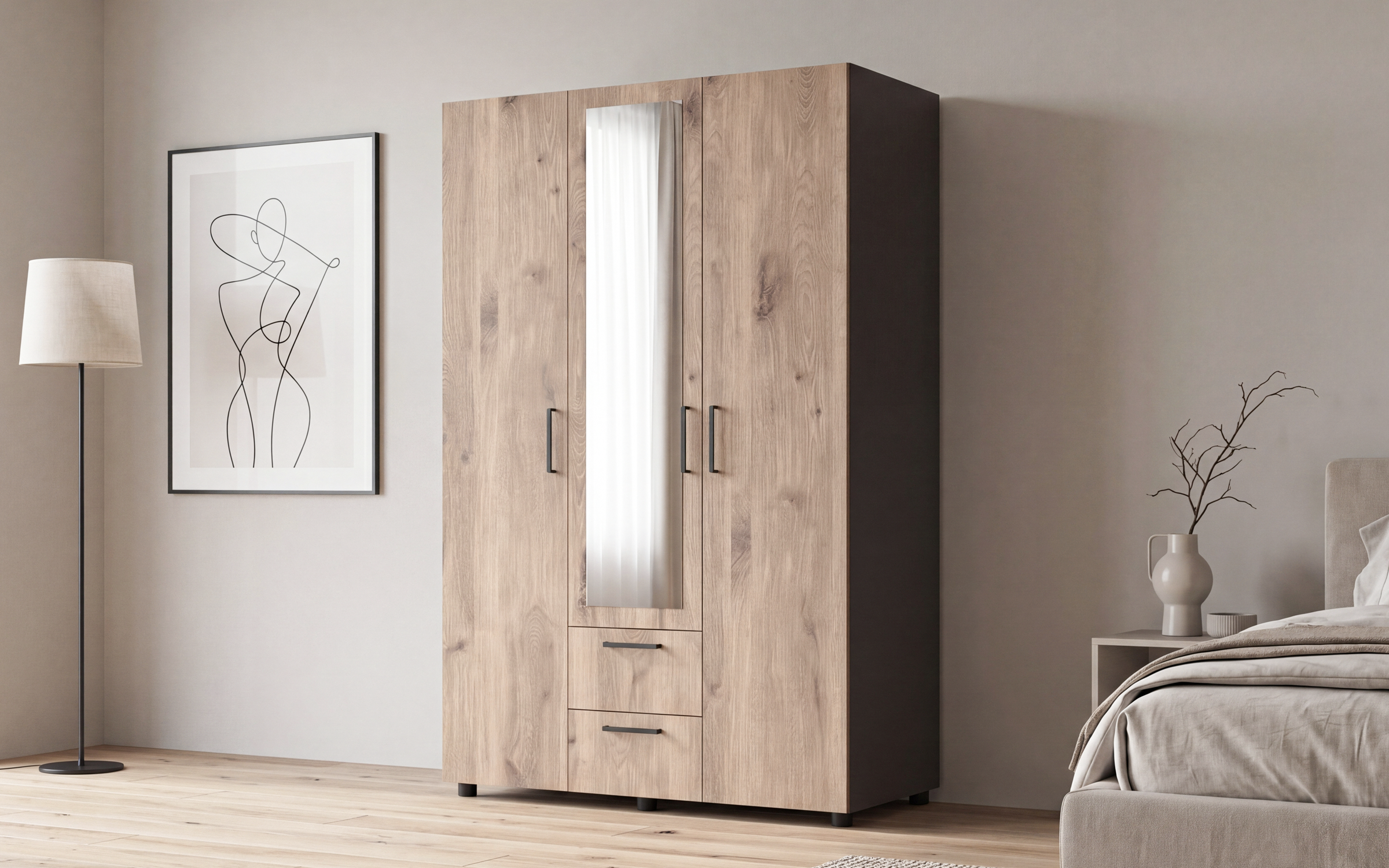 Wardrobe with clothes rod and shelves Bruno M 2, anthracite matt + light Scandinavian oak  1